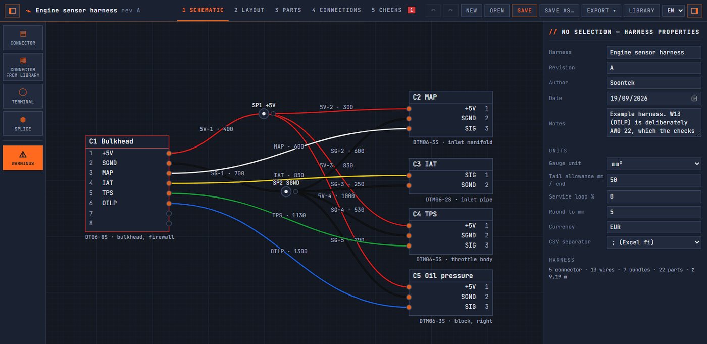 Schematic view: connectors, cavities, signal names, splices and coloured wires