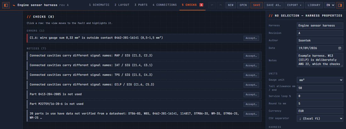 Checks view: one error about wire gauge and seven notices, each with an Accept button